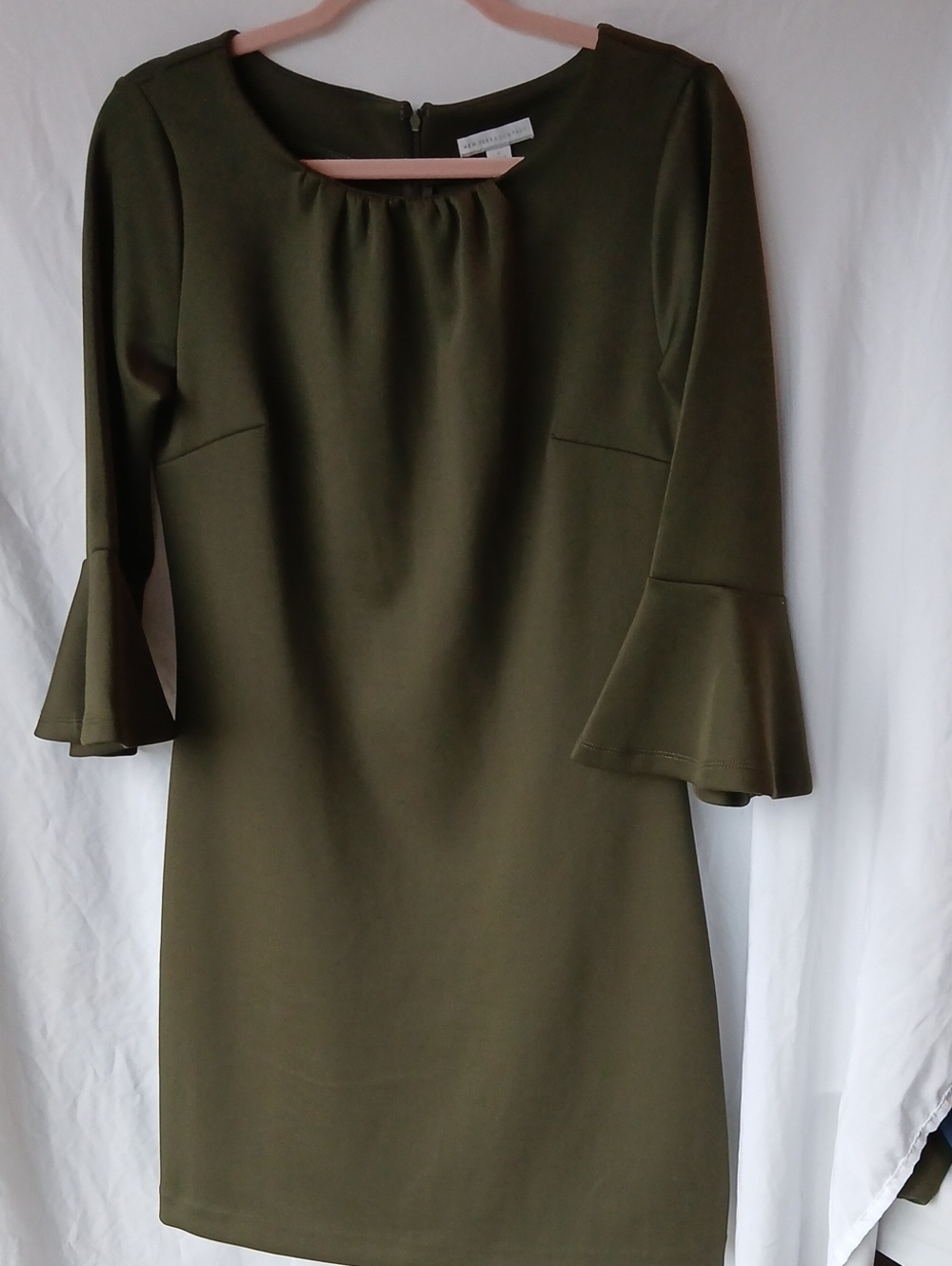 Olive Green Bell-Sleeve Sheath Dress